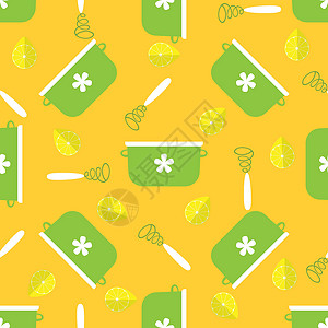 带炊具矢量插图的无缝模式菜肴厨房餐具装饰品绿色柠檬黄色花冠烹饪烘烤背景图片