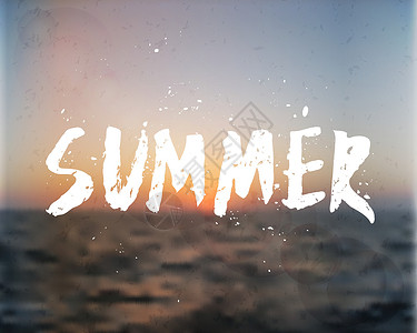 夏季手写设计明信片传单派对阳光海滩日落耀斑海洋蓝色刷子背景图片