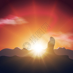 欧洲迷人风光山上美丽的日落 橙色的天空 明长的阳光设计图片