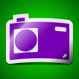 照相机图标标志 绿色背景的彩色粘贴符号标签摄影师质量照片按钮令牌框架摄影闪光插图边界背景图片