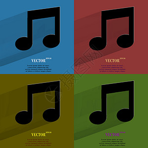 颜色设置音乐音符 平坦的现代网络按钮 带有长阴影和文本空间电脑旋律作曲家作品技术插图低音创造力黑色交响乐背景图片