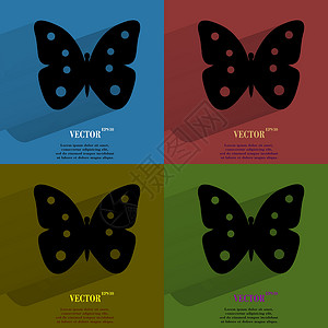 颜色设置蝴蝶 使用长阴影和文字空间的平坦现代网络按钮昆虫音乐绘画插图卡片礼物雕刻作品纸板动物群背景图片
