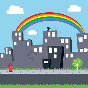 城市视图街道消防栓彩虹艺术建筑电子游戏漫画按钮资产卡通片背景图片