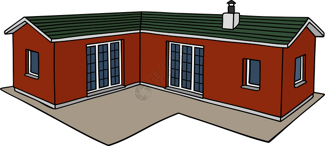 屋顶平台红色低矮的房子国家卡通片平房窗户小屋平台绿色手绘建筑白色插画
