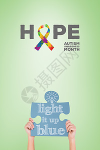 显示拼图拼图的双手复合图像蓝色绘图绿色计算机丝带宣传灯泡自闭症健康状况综合症背景图片