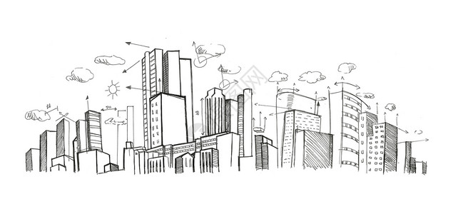 城市规划建筑学景观手绘建筑箭头摩天大楼建筑师城市背景图片