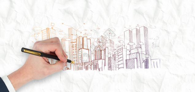 手握钢笔的复合图象艺术绘图写作城市摩天大楼计算机绘画手臂数字背景图片