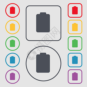 电池空空 电量低图标符号 圆形上的符号和带框架的平方按钮 矢量背景图片