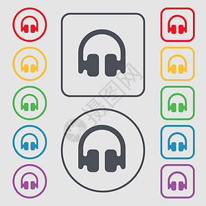 耳机 耳机图标符号 圆形上的符号和带框架的方按钮 矢量背景图片