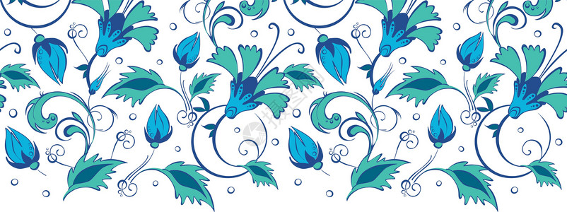 枣园旧址矢量蓝色绿色旋转花朵水平边框 无缝插画
