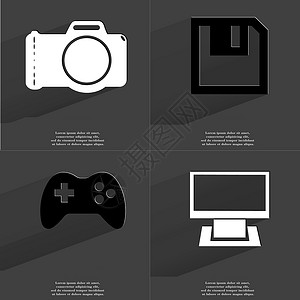 相机 软盘 Gamepad Monitor 有长阴影的符号 平面设计背景图片