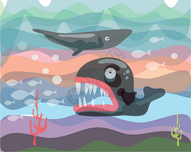 矢量海动物鲨鱼动物插图海洋手绘气泡背景图片