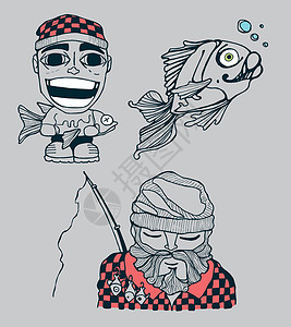 矢量漫画捕渔人和鱼背景图片