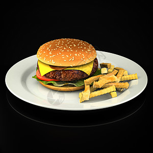 汉堡和薯条小吃芝士美食油炸白色红肉食物饮食生菜黑色背景图片