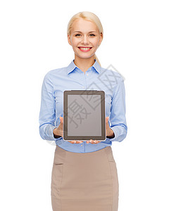 空白黑色平板电脑Pc屏幕技术女士会计展示女孩人士微笑广告互联网办公室背景图片