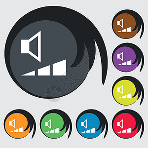 音量 声音图标符号 八个彩色按钮上的符号 矢量界面插图金属控制音乐技术背景图片