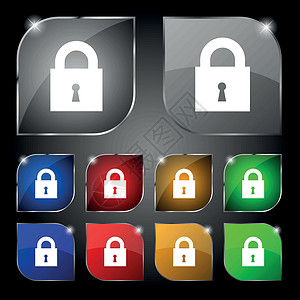 特写锁定图标符号 一组十色的有色按钮 矢量代码安全互联网隐私电脑入口手指封锁挂锁锁孔背景图片