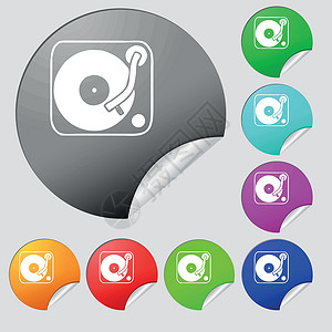 点唱机留声机 乙烯基图标标志 一套八个多色圆形按钮 贴纸 向量插画