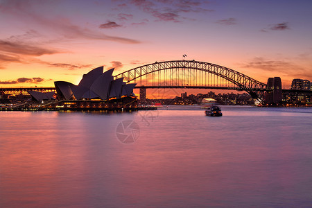 悉尼港上空显眼的日落背景图片