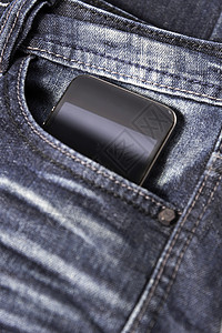 中文智能手机屏幕白色电子按钮牛仔布牛仔裤电话技术消息口袋背景图片
