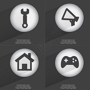 扳手 扩音器 房子 游戏手柄图标标志 一组具有平面设计的按钮 向量背景