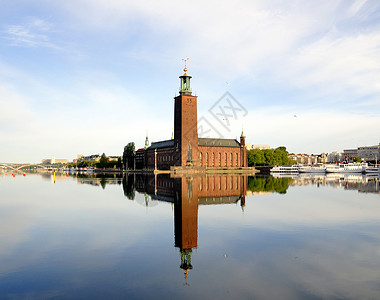 梅拉斯德哥尔摩市政厅港口地标积水国际蓝色反射省会景观国家水面背景
