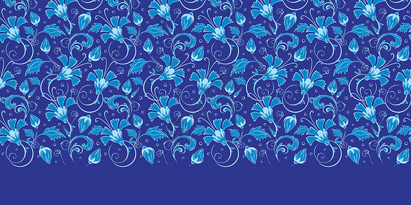 矢量深蓝色土耳其花卉水平边框 无缝背景图片