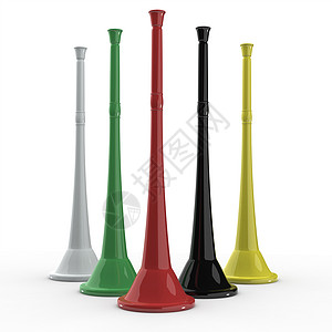 3d Vuvuzela角黄色世界冠军黑色红色白色足球乐器绿色牛角背景图片