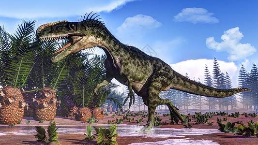 侏罗纪时代恐龙  3D捕食者古生物学风景野生动物植物灭绝动物插图爬虫荒野背景