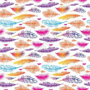 无缝对接一组无缝模式矢量羽毛 EPS亮度航班织物枕头魔法打印纺织品装饰品太阳紫色设计图片