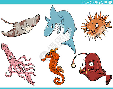 棒状海洋生物动物卡通 se深海鱼河豚水族馆卡通片尾巴章鱼鲨鱼深海海洋乌贼插画