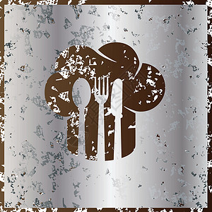 银色叉子和盘子带有银器的大厨帽图标衣服桌子纺织品家庭勺子烹饪文化插图菜单插画