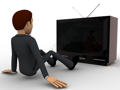 3D男子观看旧天线电视概念渲染棕色插图卡通片领带白色外套背景图片