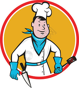 烹饪厨师持有斯帕图拉刀形圆形漫画背景图片