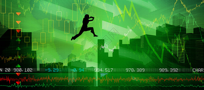 商业妇女跳跃的复合形象黑色橙子摩天大楼市场股票艺术蓝色景观概念性金融背景图片