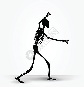 红裙跳舞骷髅以恐吓姿势显示的轮廓阴影草图骨头插图沉思框架冒充骨骼白色黑色设计图片