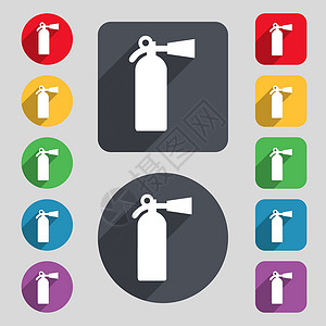 消防按钮灭火器图标符号 一组由12个彩色按钮和长阴影组成 平面设计 矢量危险标签安全消防队火焰化学品火警事故房子男人插画