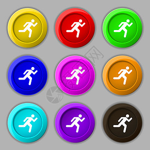 走路图标正在运行 man 图标符号 9 圆色按钮上的符号 矢量跑步走路民众成功插图竞赛运动员男性训练交通插画