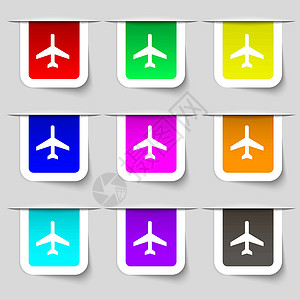 图标符号 为设计您设计的多色现代标签集 矢量乘客行李旅行绝缘空姐挡泥板运输飞机空气航班背景图片