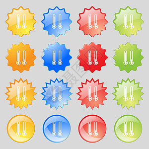 温度计按钮素材温度计温度图标符号 大套16个彩色现代按钮用于设计 矢量插画