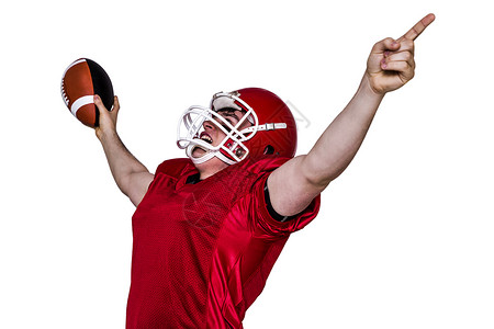 一个美国足球运动员的胜利优胜者男人竞技成就红色男性欢呼头盔战绘欣快感背景图片