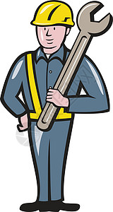 建筑工人卡通艺术品工具扳手男人安全帽工业帽子插图男性肩膀背景图片