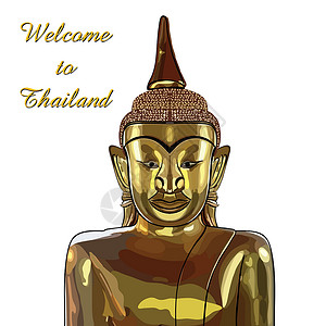 泰国佛牌白色背景的金色布丁默思 Victor金子上帝文化雕塑插图精神宗教瑜伽旅行旅游插画