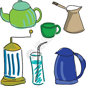瓦尔德韦兹油漆彩色厨房用品草图磨床茶壶咖啡杯绘画玻璃微波插画