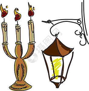 烛台和蜡烛彩色蜡烛草图玻璃绘画烛台特写火焰视图设计图片