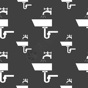 卫生洁具Washbasin 图标符号 灰色背景上的无缝模式 矢量龙头房间陶瓷脸盆卫生间洗澡油桃浴室房子盆地插画