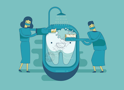 牙医助手牙医正在打扫牙齿 牙科概念插画