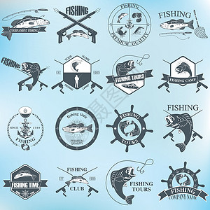 鱼竿素材设计一套老式捕鱼标签 徽章和设计要素渔夫插图营地海豹鱼营邮票鱼竿比赛旅游横幅插画