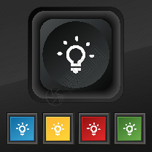 亮灯 Idea 图标符号 在黑色纹理上为您设计一套五色 时髦的按钮 矢量照明质量令牌创造力海豹活力标签灯泡玻璃力量背景图片