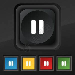 暂停图标符号 在黑色纹理上设置五个彩色 时髦的按钮 用于设计 矢量导航网站金属玩家界面控制板标识记录视频反射背景图片